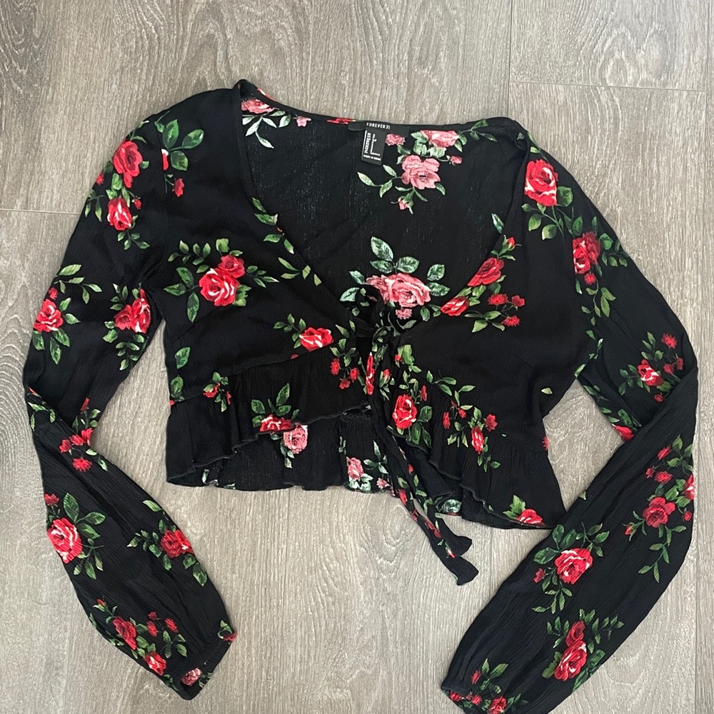 Forever 21 Black Floral Blouse with Red Roses